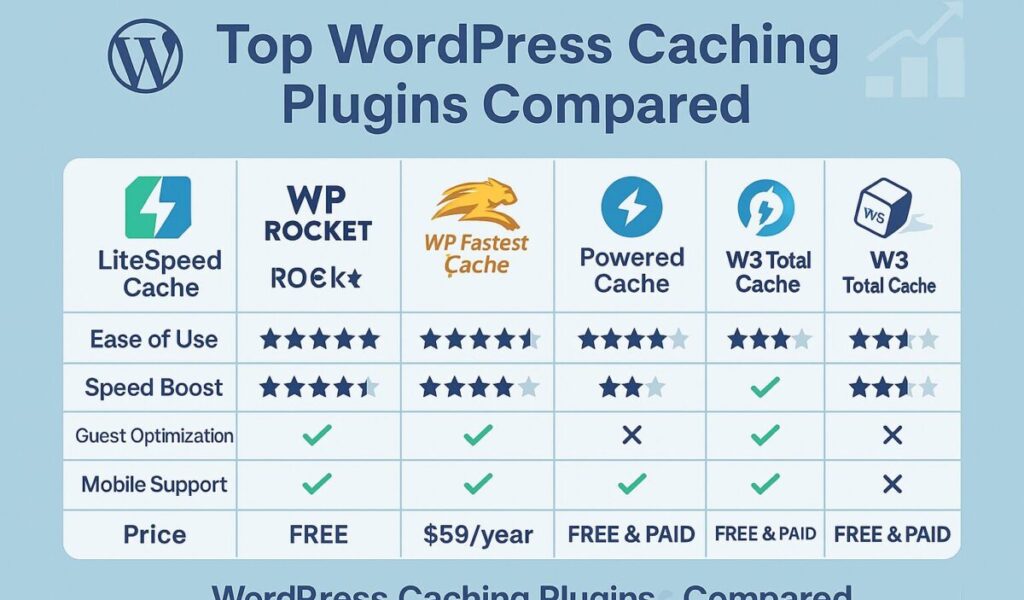 Comparaison des meilleurs plugins de mise en cache WordPress pour 2025 avec des fonctionnalités telles que l'optimisation des invités et la prise en charge mobile