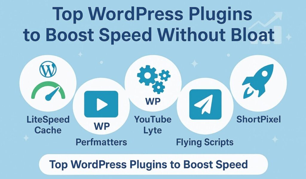 Liste des plugins d'optimisation WordPress essentiels, notamment LiteSpeed Cache, Perfmatters et Flying Scripts