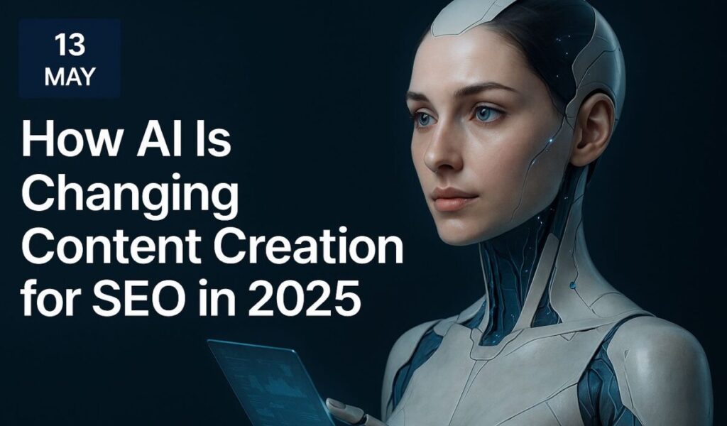 femme IA réaliste générant du contenu SEO en 2025