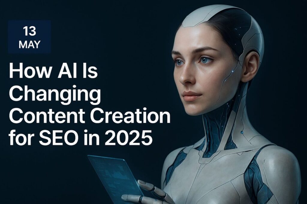 femme IA réaliste générant du contenu SEO en 2025