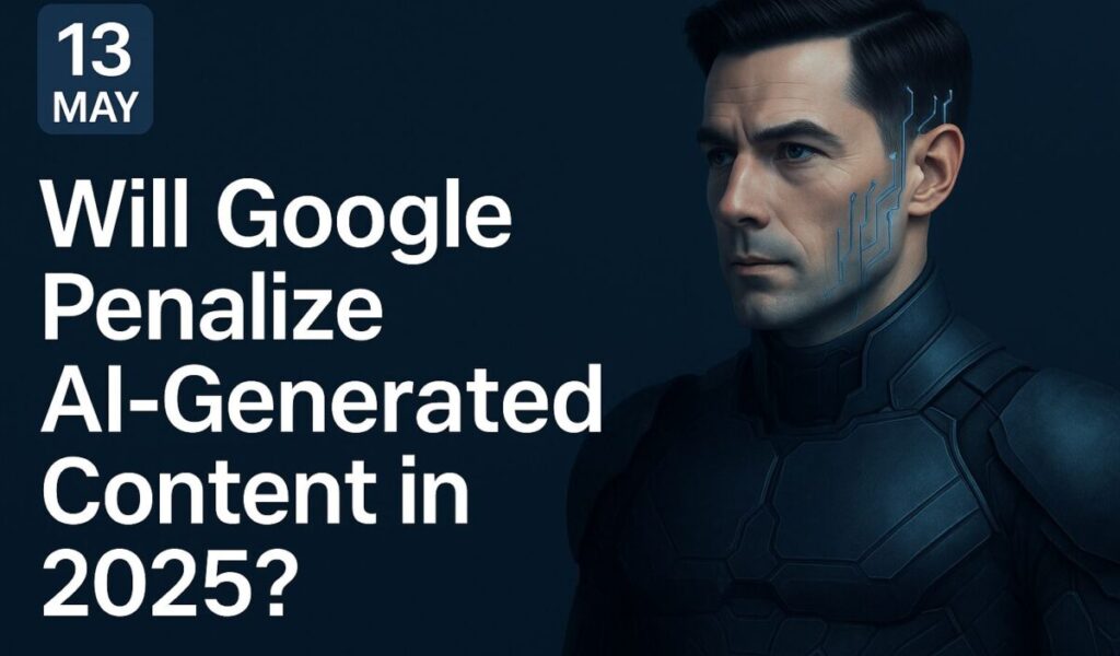 Une IA masculine futuriste avec des circuits lumineux à côté du titre de pénalité de Google AI