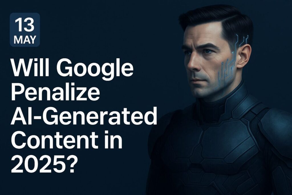 Une IA masculine futuriste avec des circuits lumineux à côté du titre de pénalité de Google AI