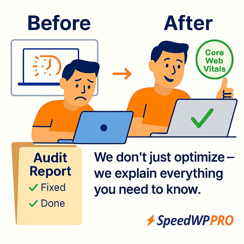 Before and after WordPress speed optimization by SpeedWP Pro with Core Web Vitals improvement