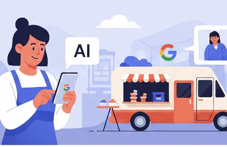 Small business owner using AI tools with Google for content creation in 2025