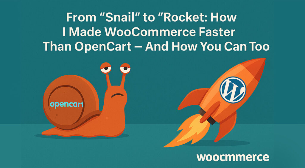 Illustration montrant OpenCart comme un escargot lent et WooCommerce comme une fusée rapide