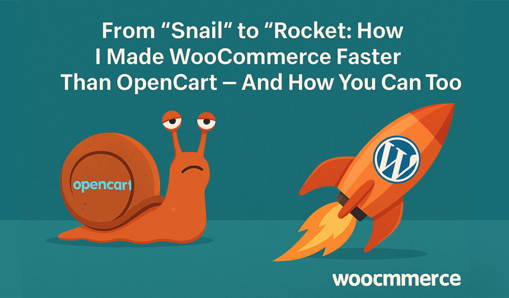 Illustration montrant OpenCart comme un escargot lent et WooCommerce comme une fusée rapide
