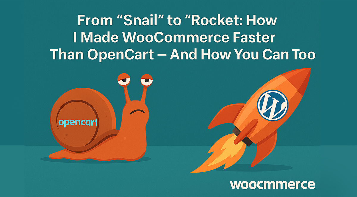 Ілюстрація, що показує OpenCart як повільного равлика та WooCommerce як швидку ракету