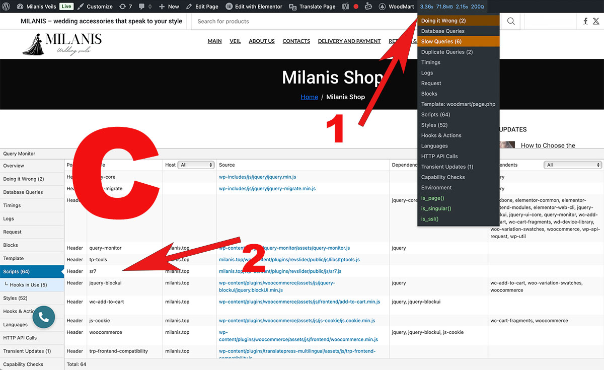 Query Monitor in WordPress admin showing slow database queries and unused scripts