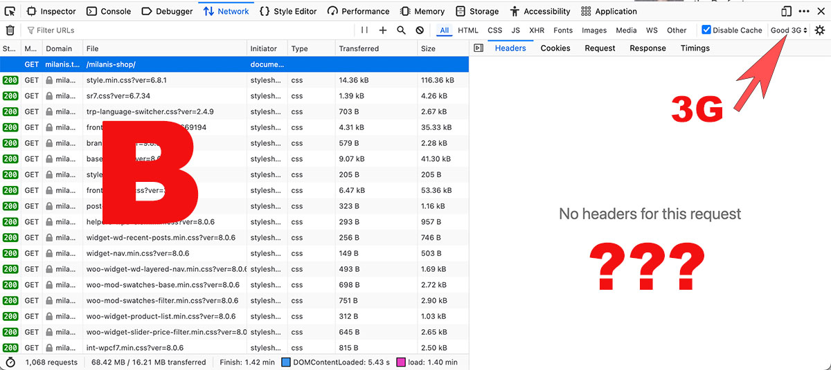 Chrome DevTools on Good 3G showing slow WordPress site with missing response headers