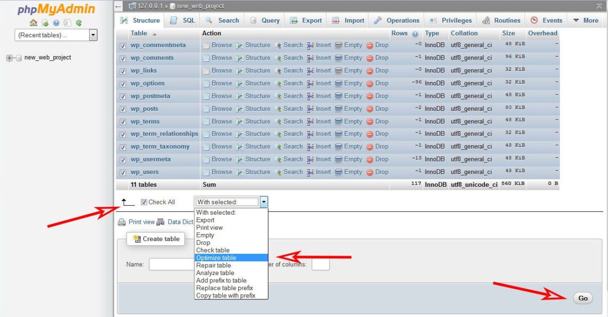 phpMyAdmin'de WordPress veritabanı optimizasyonu
